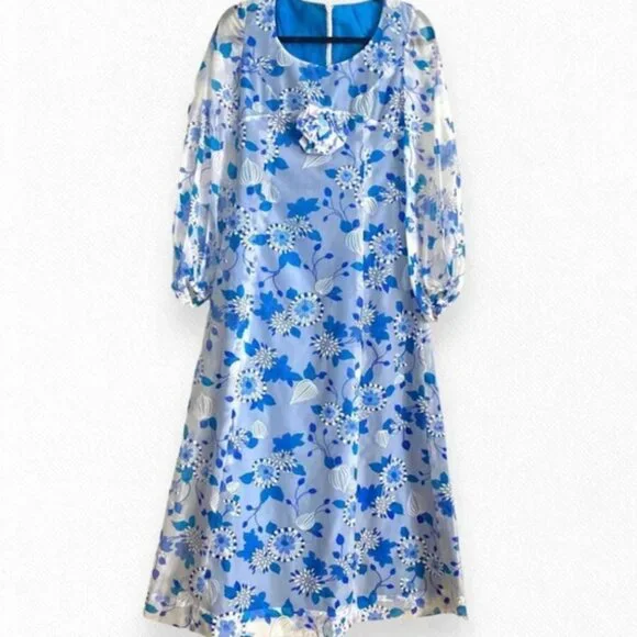 Vintage Rare Prom 70s Handmade Floral Maxi Dress Sky Baby Blue Babydoll Sheer Xs - Picture 5 of 9